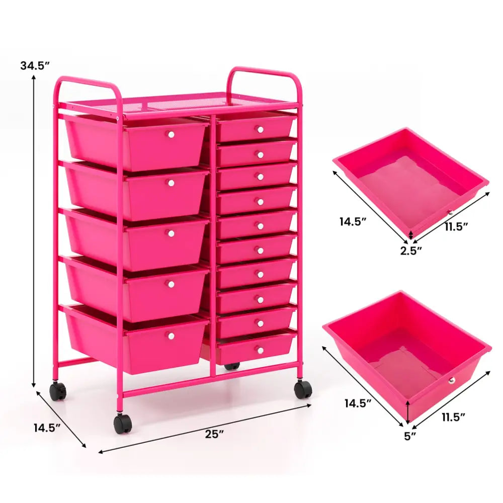 15-Drawer Utility Rolling Organizer Cart MultiUse Storage-Pink - Pink - File Cabinets