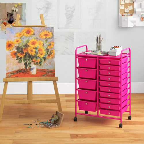 15-Drawer Utility Rolling Organizer Cart MultiUse Storage-Pink - Pink - File Cabinets