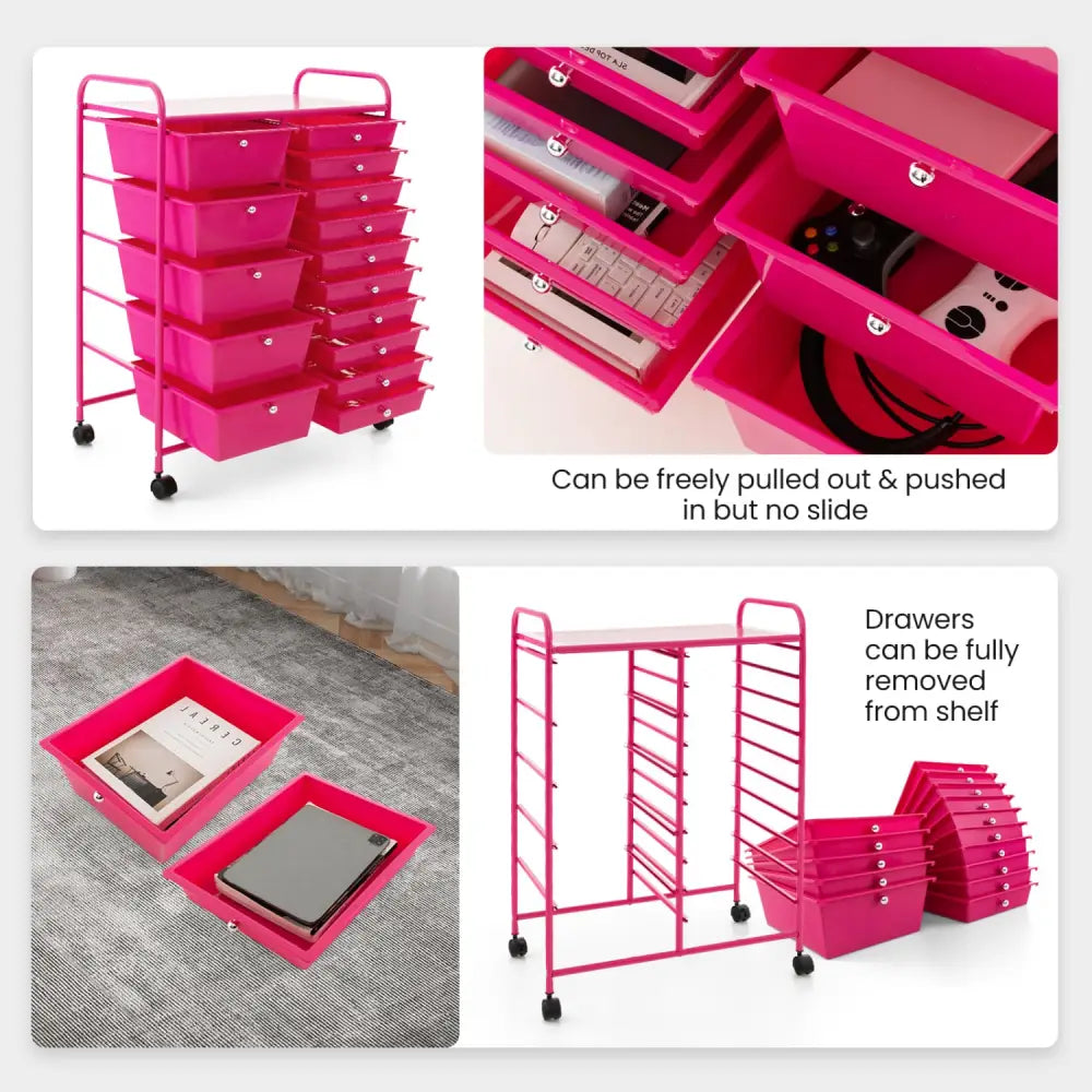 15-Drawer Utility Rolling Organizer Cart MultiUse Storage-Pink - Pink - File Cabinets