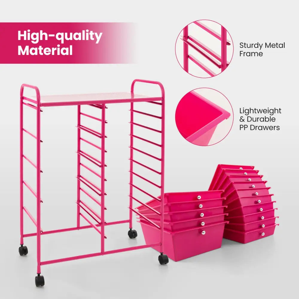 15-Drawer Utility Rolling Organizer Cart MultiUse Storage-Pink - Pink - File Cabinets