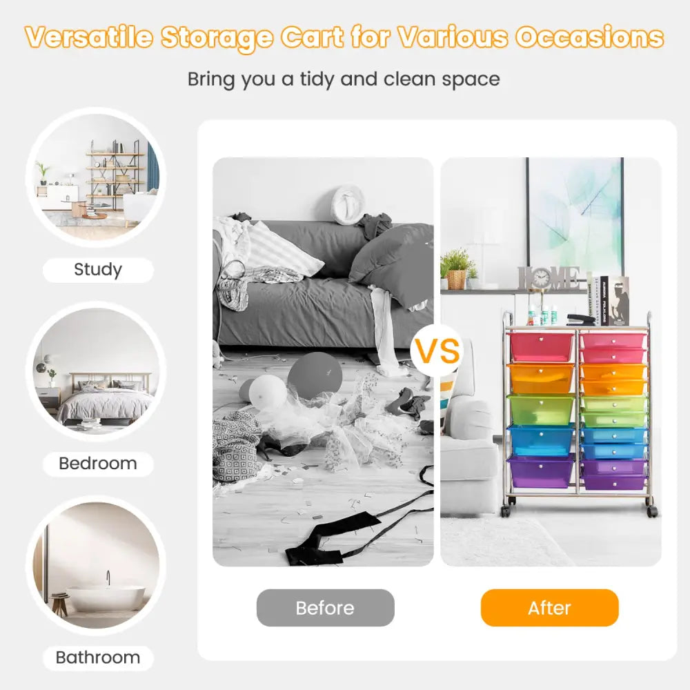 15 Drawers Rolling Storage Cart Organizer-Transparent Multicolor - Transparent Multicolor - File Cabinets