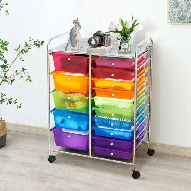 15 Drawers Rolling Storage Cart Organizer-Transparent Multicolor - Transparent Multicolor - File Cabinets
