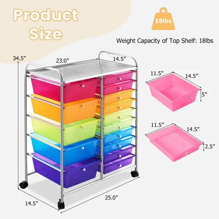 15 Drawers Rolling Storage Cart Organizer-Transparent Multicolor - Transparent Multicolor - File Cabinets