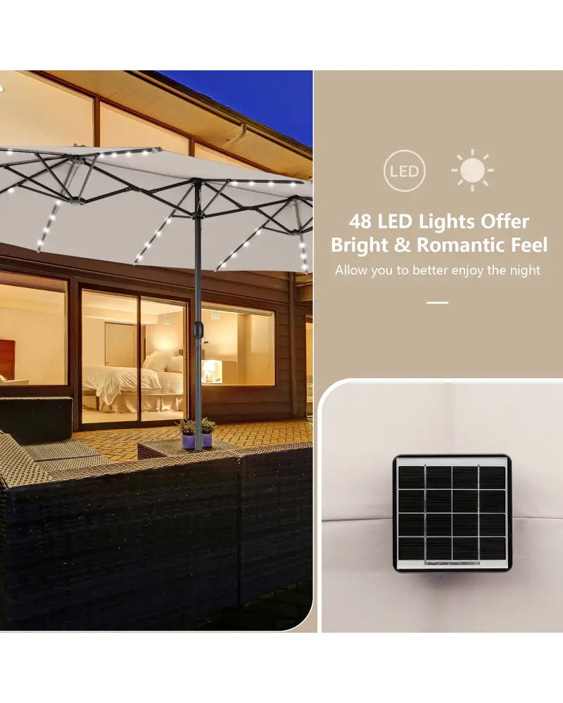 15 Feet Double-Sided Patio Umbrella with 48 LED Lights-Beige - Beige - Outdoor Umbrellas