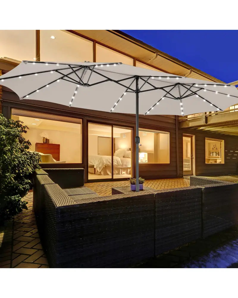 15 Feet Double-Sided Patio Umbrella with 48 LED Lights-Beige - Beige - Outdoor Umbrellas