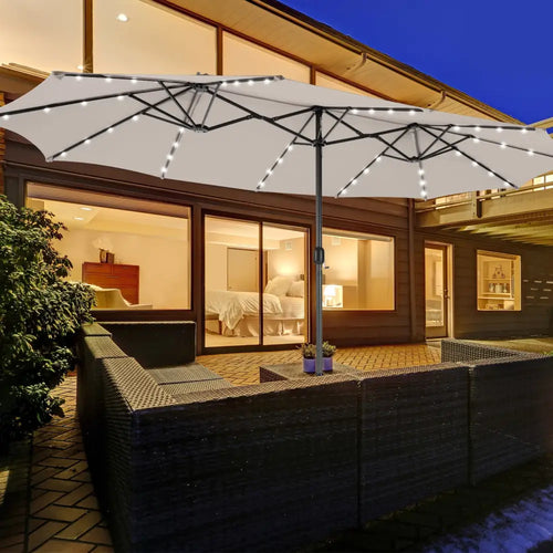 15 Feet Double-Sided Patio Umbrella with 48 LED Lights-Beige - Beige - Outdoor Umbrellas