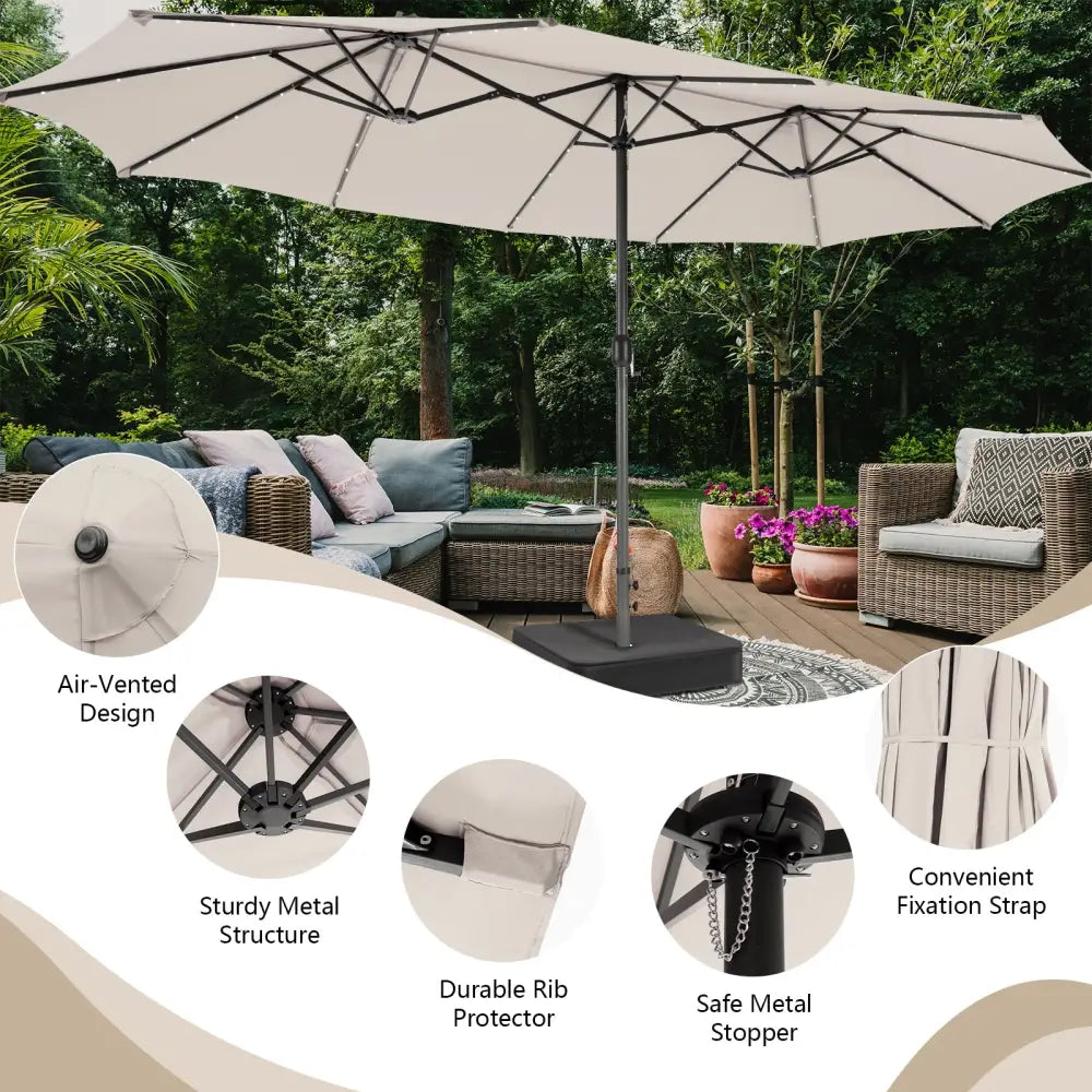 15 Feet Double-Sided Patio Umbrella with 48 LED Lights-Beige - Beige - Outdoor Umbrellas