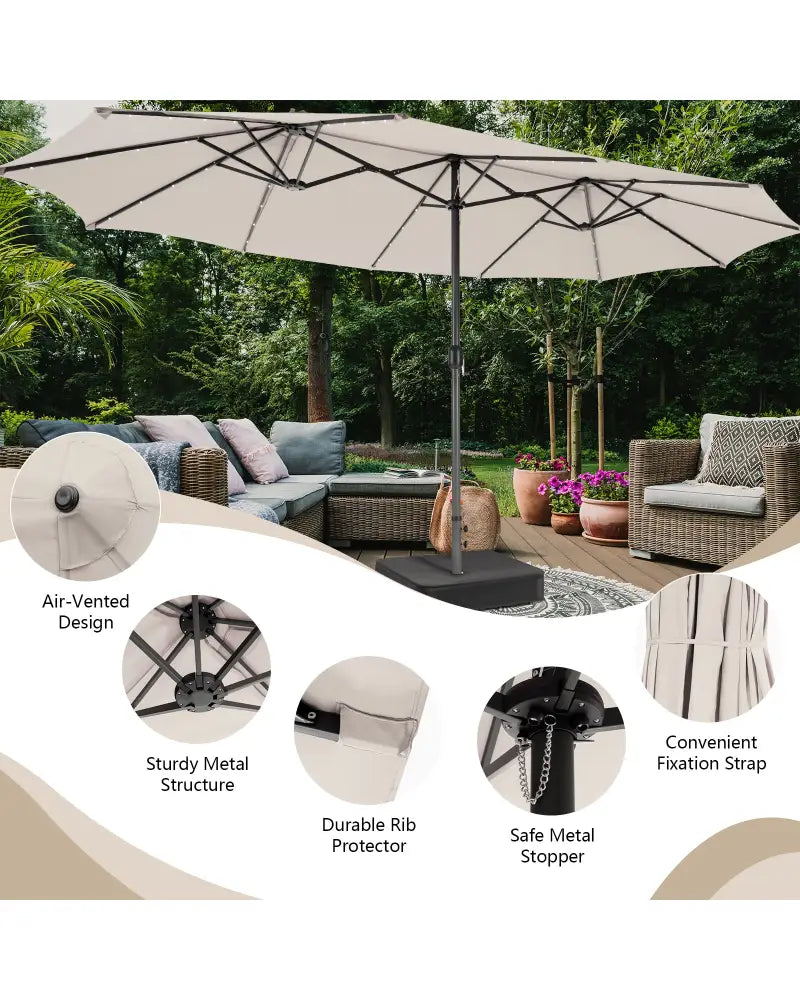 15 Feet Double-Sided Patio Umbrella with 48 LED Lights-Beige - Beige - Outdoor Umbrellas