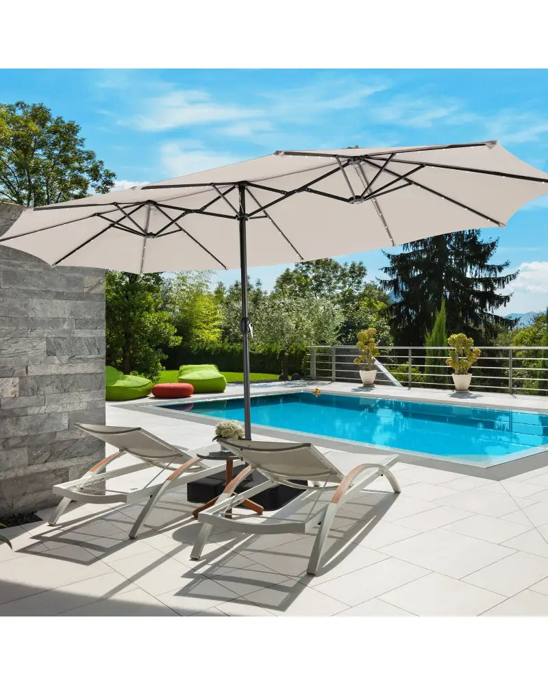 15 Feet Double-Sided Patio Umbrella with 48 LED Lights-Beige - Beige - Outdoor Umbrellas