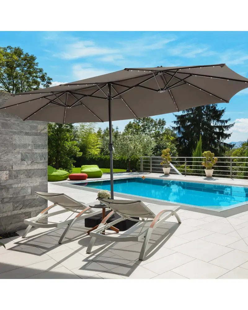 15 Feet Double-Sided Patio Umbrella with 48 LED Lights-Brown - Brown - Outdoor Umbrellas