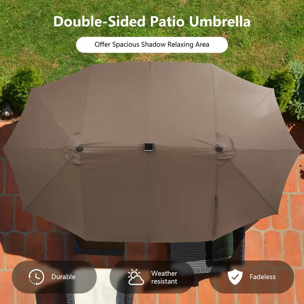 15 Feet Double-Sided Patio Umbrella with 48 LED Lights-Brown - Brown - Outdoor Umbrellas