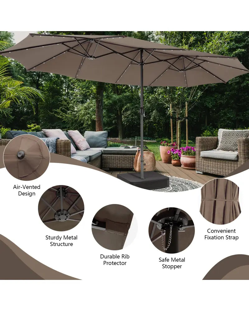 15 Feet Double-Sided Patio Umbrella with 48 LED Lights-Brown - Brown - Outdoor Umbrellas