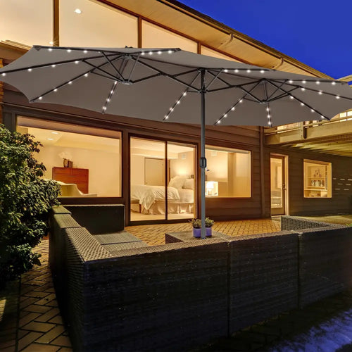 15 Feet Double-Sided Patio Umbrella with 48 LED Lights-Brown - Brown - Outdoor Umbrellas