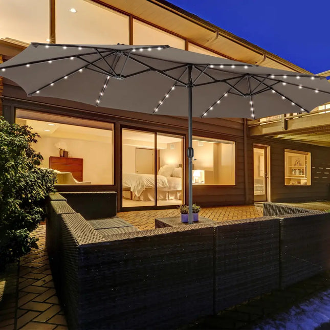 15 Feet Double-Sided Patio Umbrella with 48 LED Lights-Brown - Brown - Outdoor Umbrellas