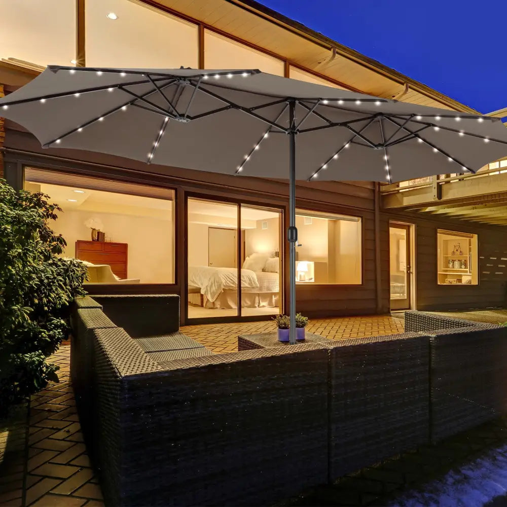 15 Feet Double-Sided Patio Umbrella with 48 LED Lights-Brown - Brown - Outdoor Umbrellas