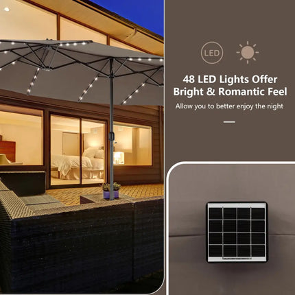 15 Feet Double-Sided Patio Umbrella with 48 LED Lights-Brown - Brown - Outdoor Umbrellas