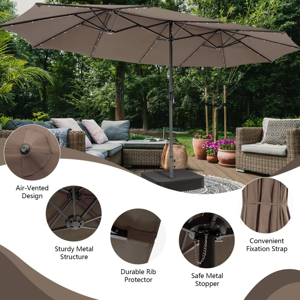 15 Feet Double-Sided Patio Umbrella with 48 LED Lights-Brown - Brown - Outdoor Umbrellas