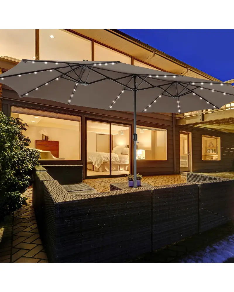 15 Feet Double-Sided Patio Umbrella with 48 LED Lights-Brown - Brown - Outdoor Umbrellas