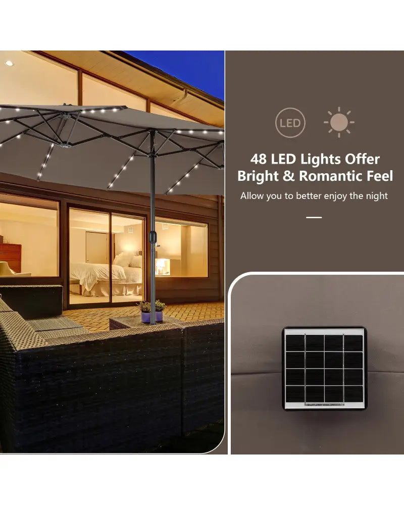 15 Feet Double-Sided Patio Umbrella with 48 LED Lights-Brown - Brown - Outdoor Umbrellas