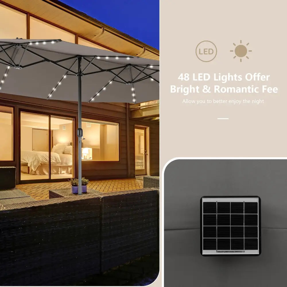 15 Feet Double-Sided Patio Umbrella with 48 LED Lights-Gray - Gray - Outdoor Umbrellas