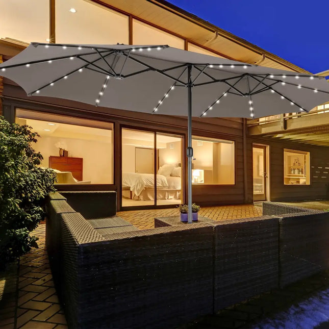15 Feet Double-Sided Patio Umbrella with 48 LED Lights-Gray - Gray - Outdoor Umbrellas