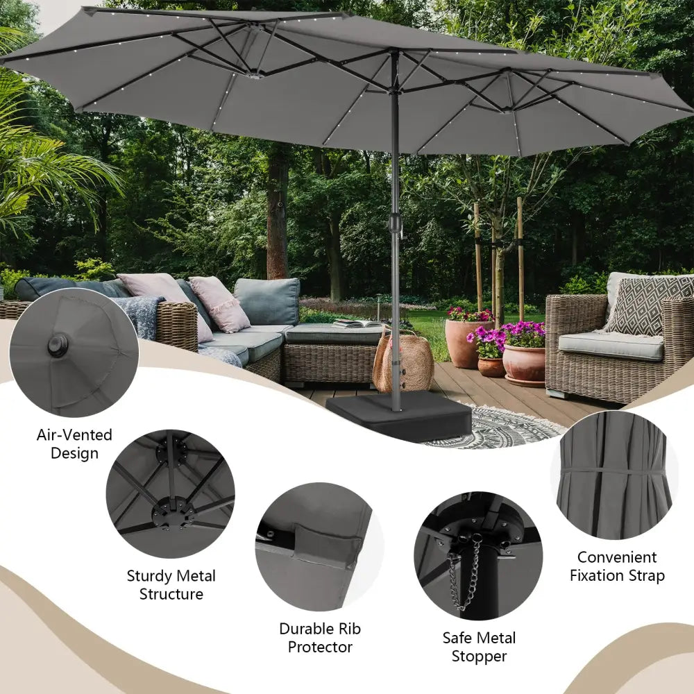 15 Feet Double-Sided Patio Umbrella with 48 LED Lights-Gray - Gray - Outdoor Umbrellas