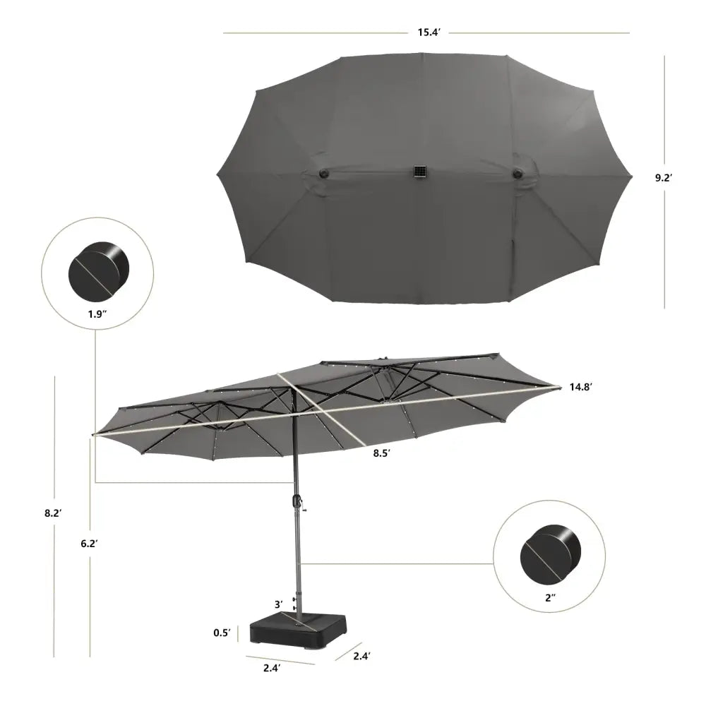 15 Feet Double-Sided Patio Umbrella with 48 LED Lights-Gray - Gray - Outdoor Umbrellas