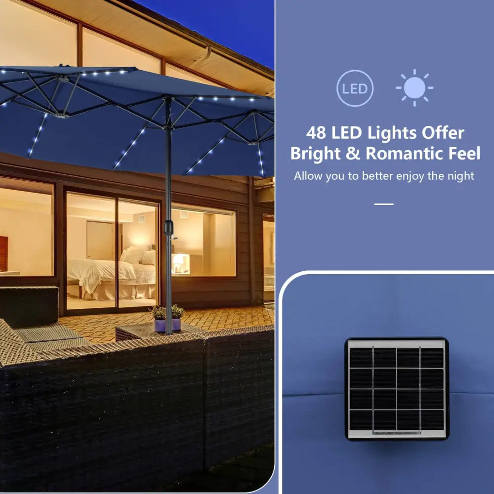 15 Feet Double-Sided Patio Umbrella with 48 LED Lights-Navy - Navy - Outdoor Umbrellas