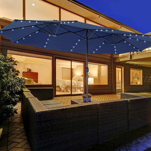 15 Feet Double-Sided Patio Umbrella with 48 LED Lights-Navy - Navy - Outdoor Umbrellas