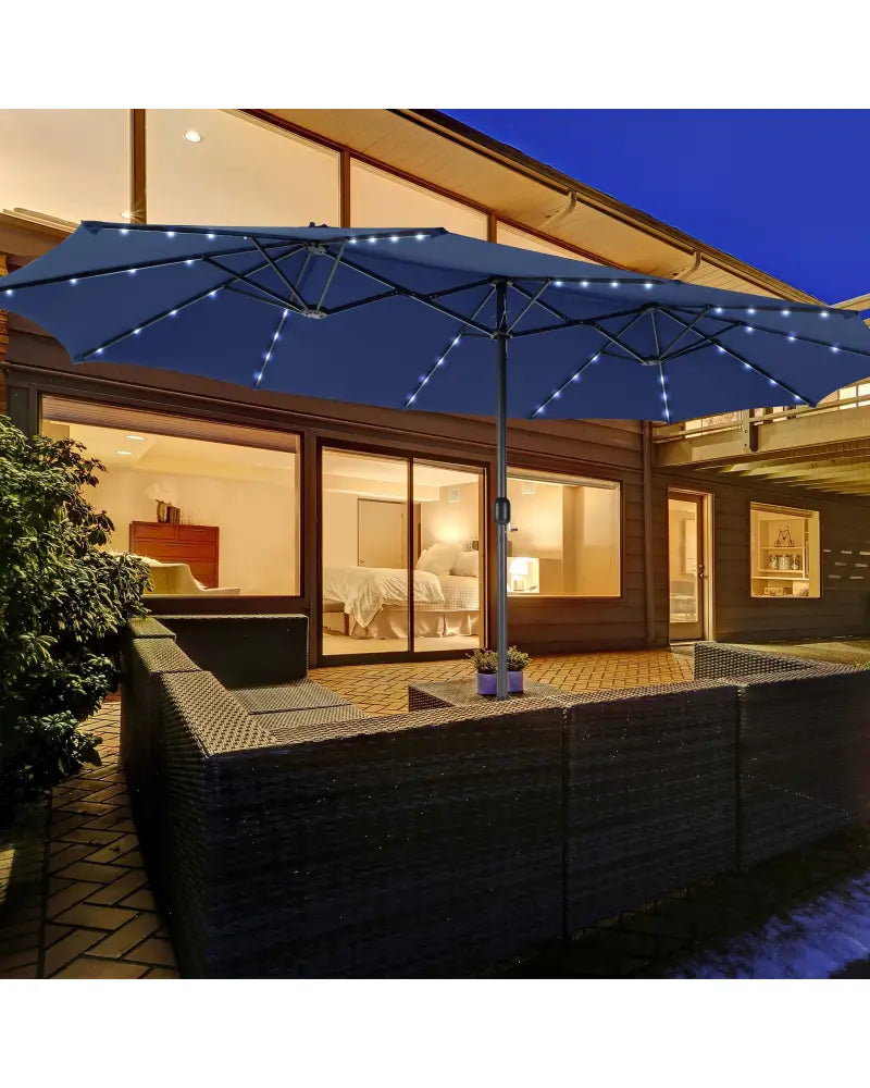15 Feet Double-Sided Patio Umbrella with 48 LED Lights-Navy - Navy - Outdoor Umbrellas
