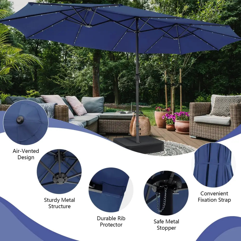 15 Feet Double-Sided Patio Umbrella with 48 LED Lights-Navy - Navy - Outdoor Umbrellas