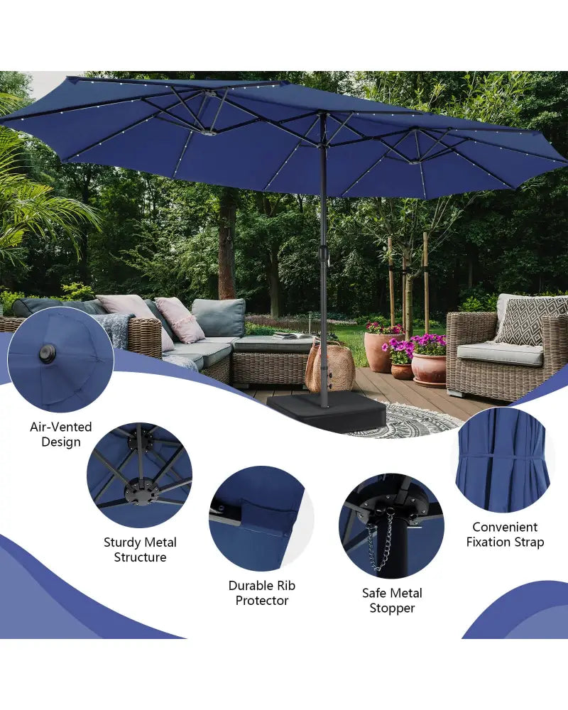 15 Feet Double-Sided Patio Umbrella with 48 LED Lights-Navy - Navy - Outdoor Umbrellas