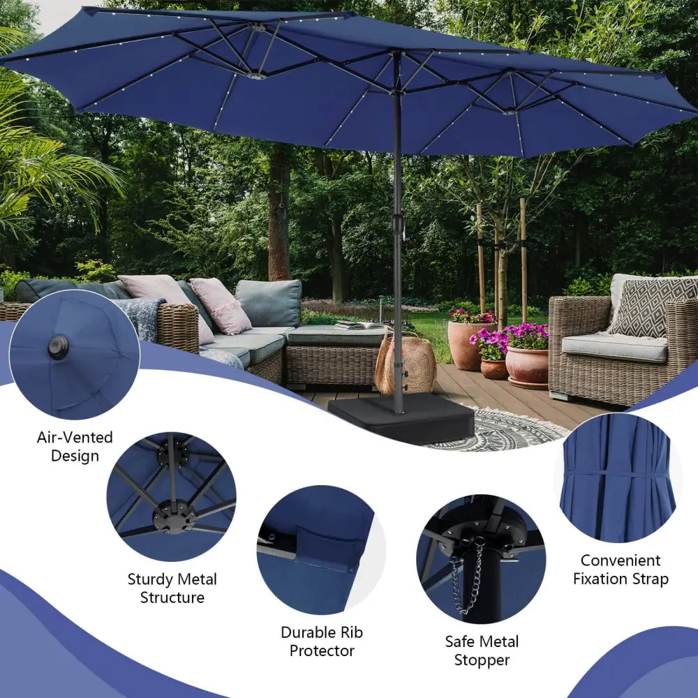 15 Feet Double-Sided Patio Umbrella with 48 LED Lights-Navy - Navy - Outdoor Umbrellas