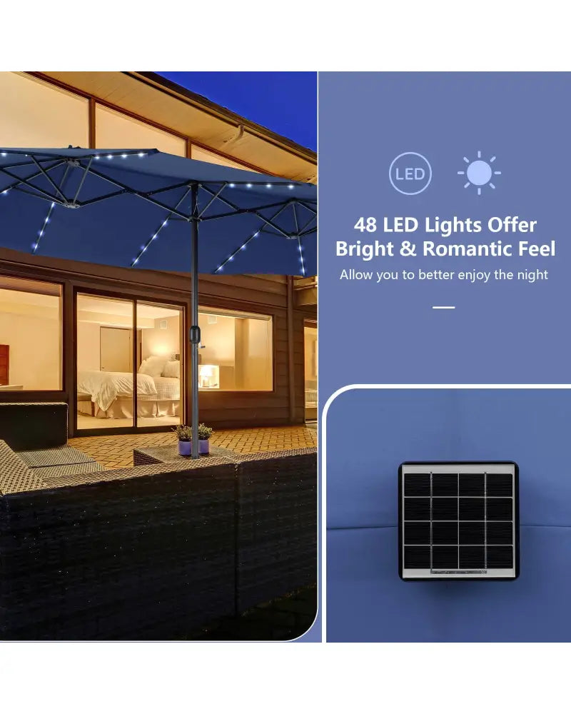 15 Feet Double-Sided Patio Umbrella with 48 LED Lights-Navy - Navy - Outdoor Umbrellas