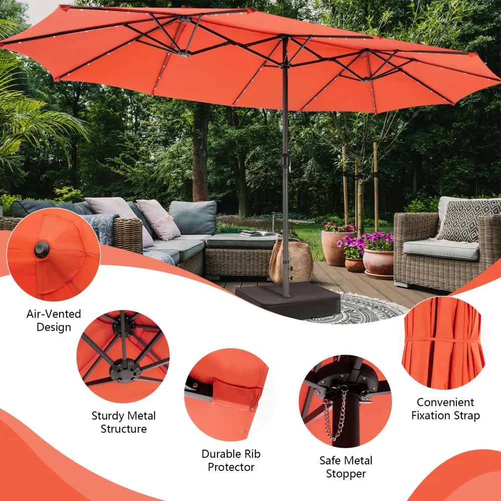 15 Feet Double-Sided Patio Umbrella with 48 LED Lights-Orange - Orange - Outdoor Umbrellas