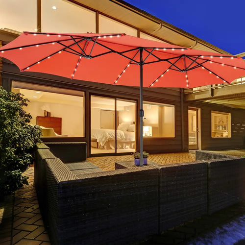 15 Feet Double-Sided Patio Umbrella with 48 LED Lights-Orange - Orange - Outdoor Umbrellas