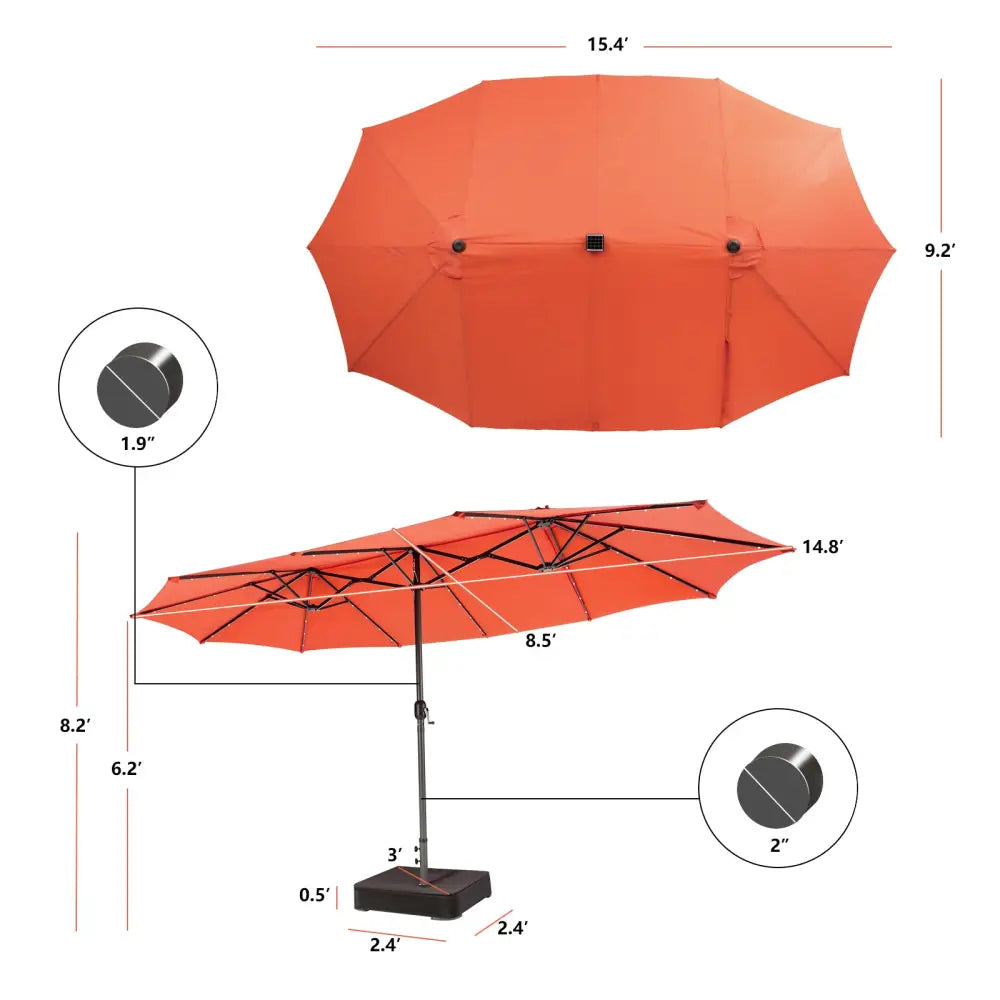 15 Feet Double-Sided Patio Umbrella with 48 LED Lights-Orange - Orange - Outdoor Umbrellas