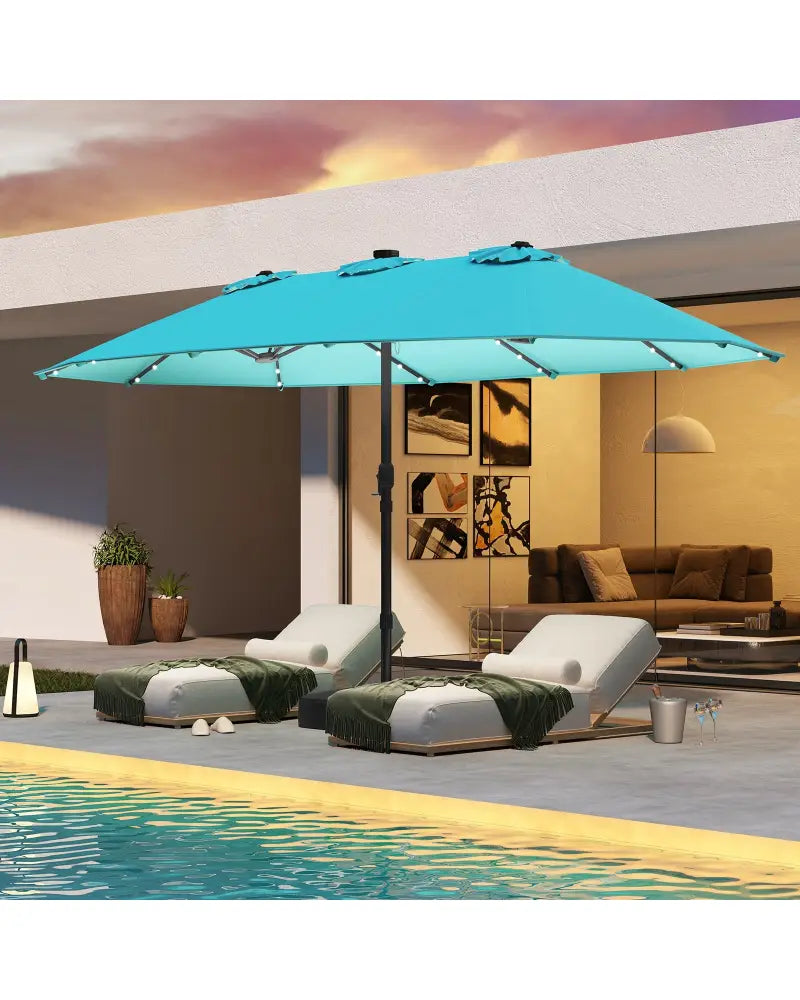 15 Feet Double-Sided Patio Umbrella with 48 LED Lights-Turquoise - Turquoise - Outdoor Umbrellas