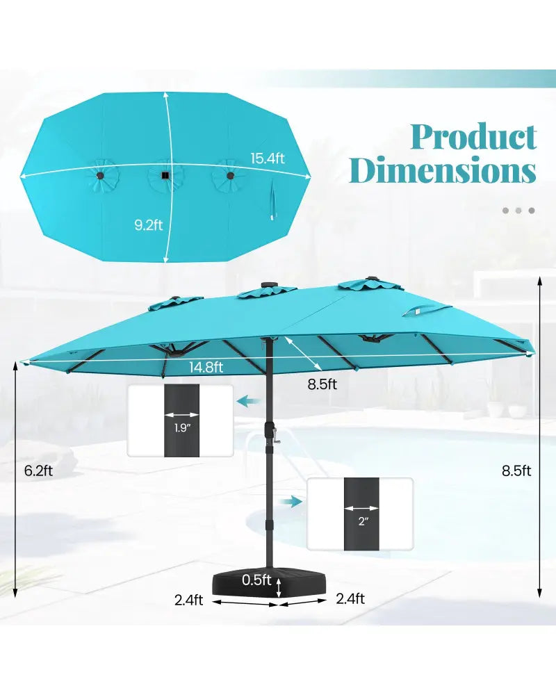 15 Feet Double-Sided Patio Umbrella with 48 LED Lights-Turquoise - Turquoise - Outdoor Umbrellas