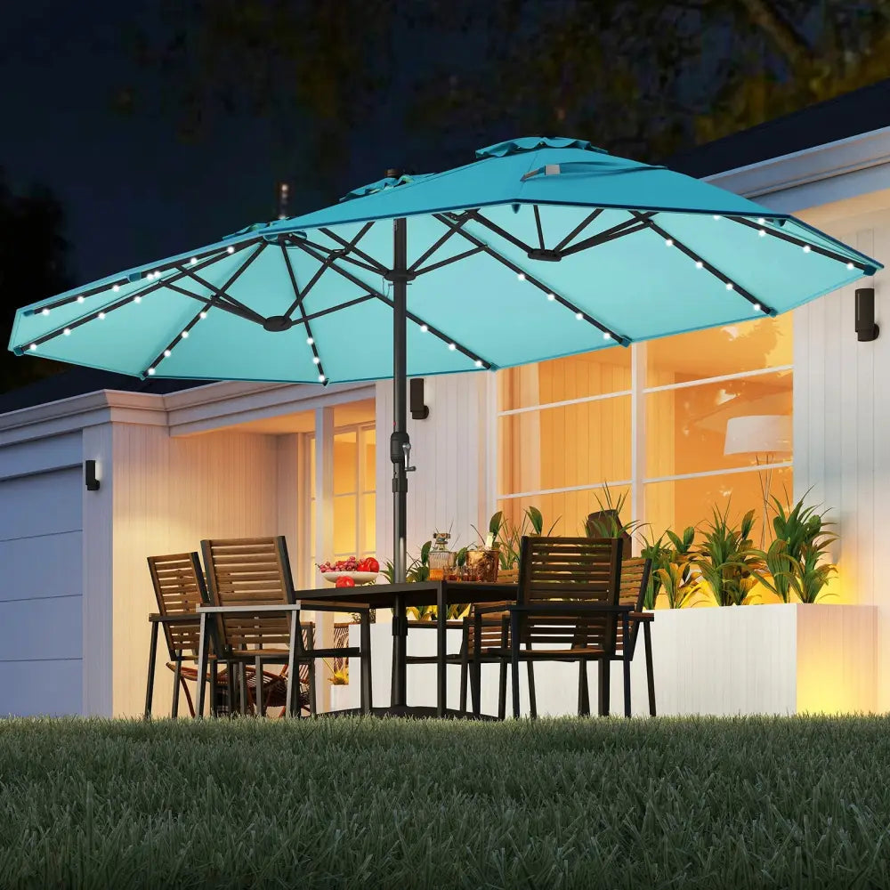 15 Feet Double-Sided Patio Umbrella with 48 LED Lights-Turquoise - Turquoise - Outdoor Umbrellas