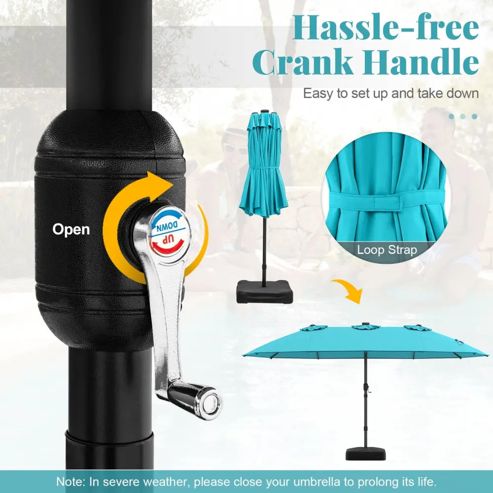 15 Feet Double-Sided Patio Umbrella with 48 LED Lights-Turquoise - Turquoise - Outdoor Umbrellas