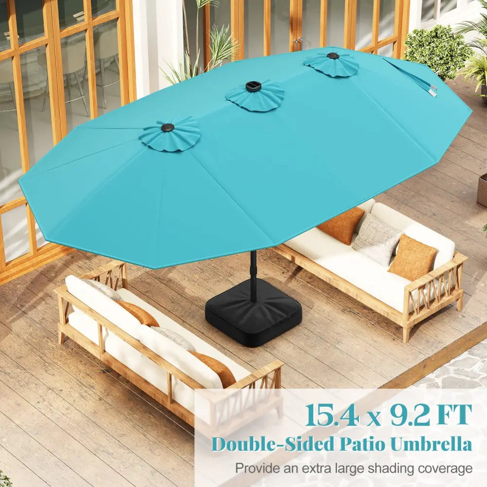 15 Feet Double-Sided Patio Umbrella with 48 LED Lights-Turquoise - Turquoise - Outdoor Umbrellas