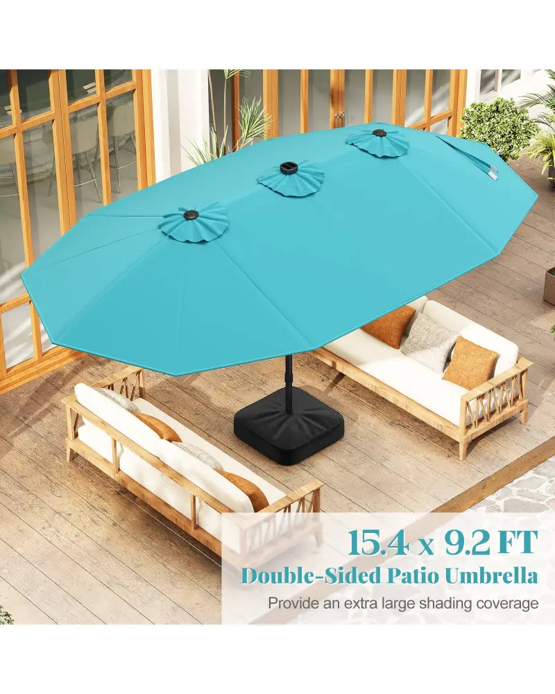 15 Feet Double-Sided Patio Umbrella with 48 LED Lights-Turquoise - Turquoise - Outdoor Umbrellas