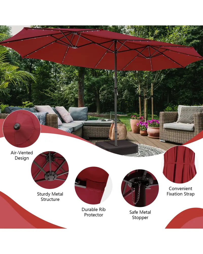 15 Feet Double-Sided Patio Umbrella with 48 LED Lights-Wine - Dark Red - Outdoor Umbrellas