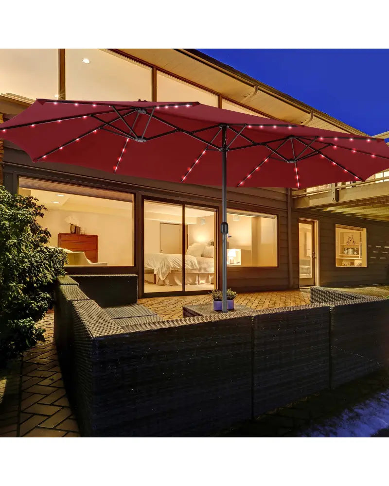 15 Feet Double-Sided Patio Umbrella with 48 LED Lights-Wine - Dark Red - Outdoor Umbrellas