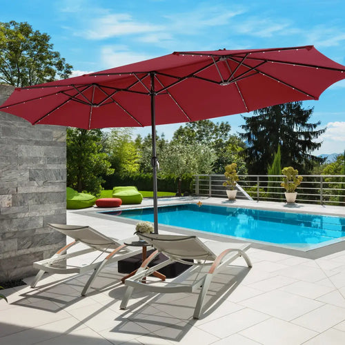 15 Feet Double-Sided Patio Umbrella with 48 LED Lights-Wine - Dark Red - Outdoor Umbrellas