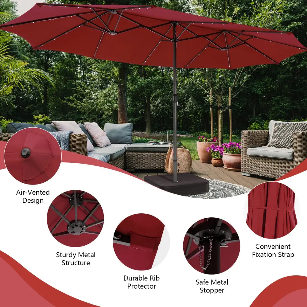15 Feet Double-Sided Patio Umbrella with 48 LED Lights-Wine - Dark Red - Outdoor Umbrellas