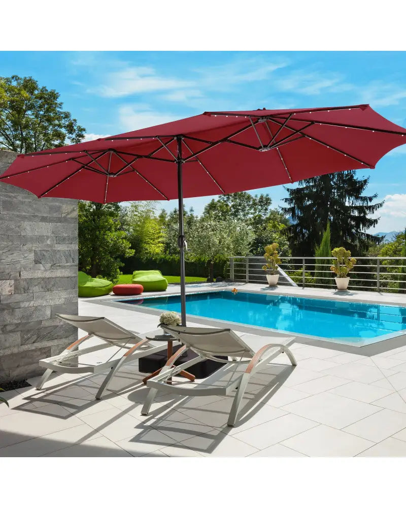 15 Feet Double-Sided Patio Umbrella with 48 LED Lights-Wine - Dark Red - Outdoor Umbrellas