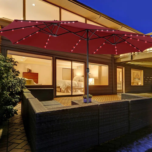 15 Feet Double-Sided Patio Umbrella with 48 LED Lights-Wine - Dark Red - Outdoor Umbrellas