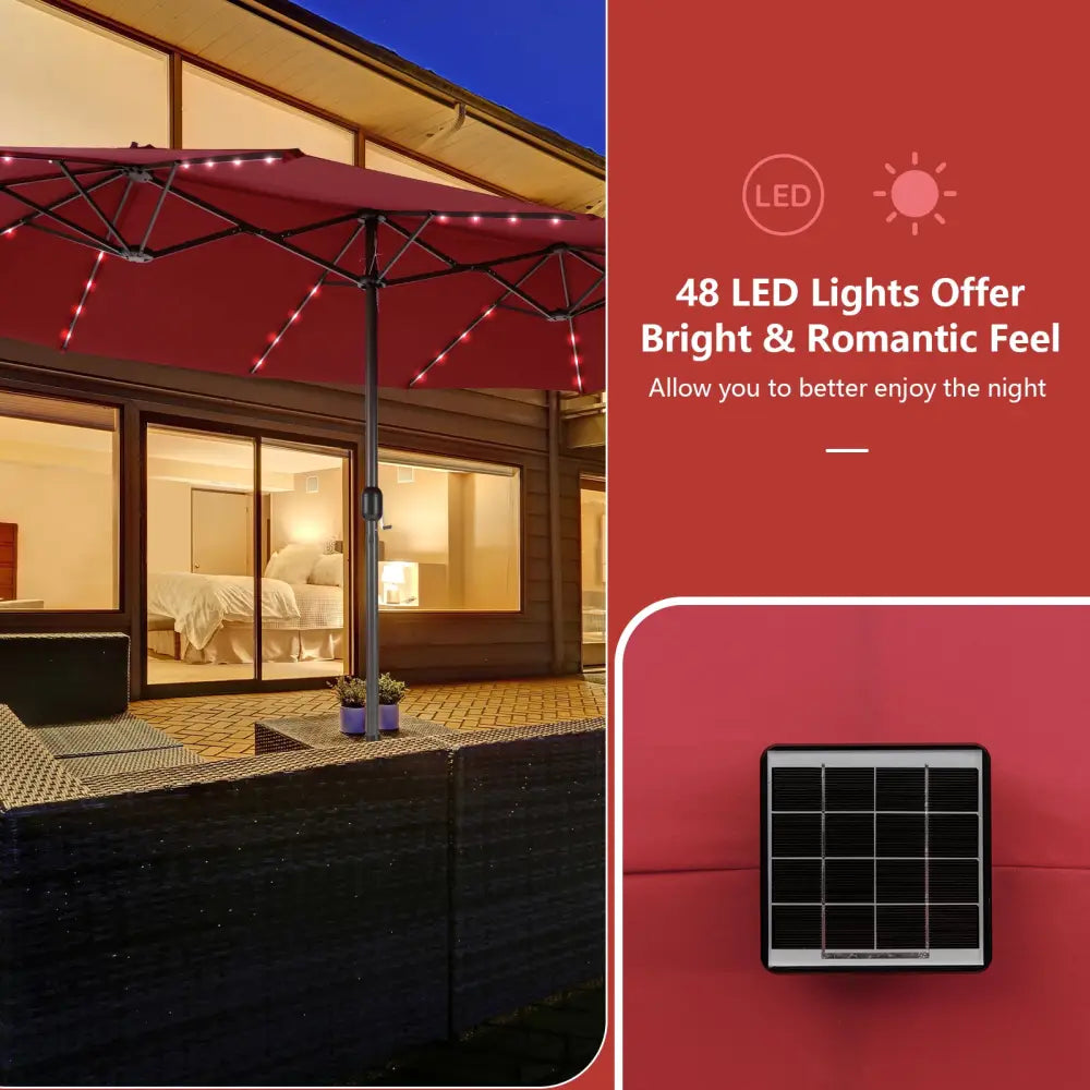 15 Feet Double-Sided Patio Umbrella with 48 LED Lights-Wine - Dark Red - Outdoor Umbrellas